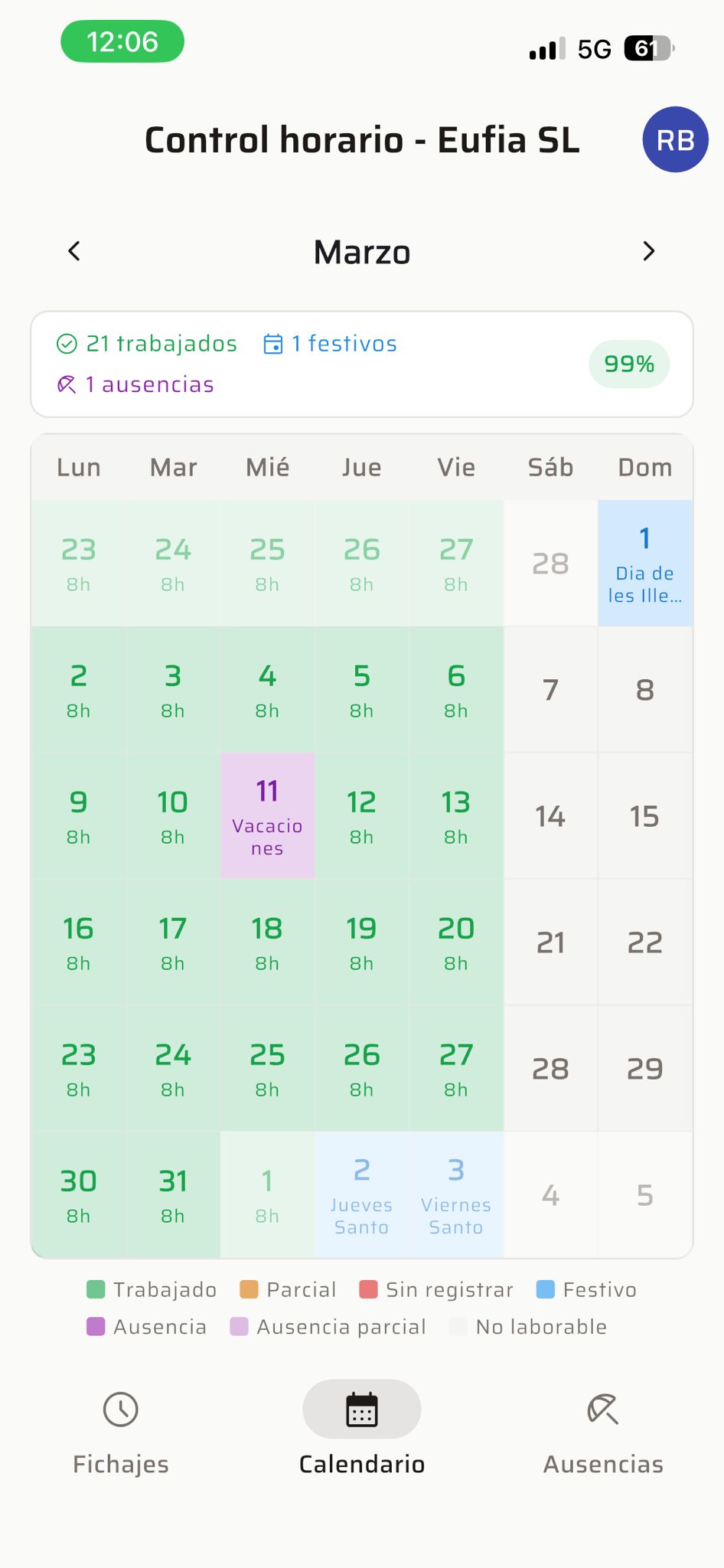 Calendario de registros horarios - versión móvil